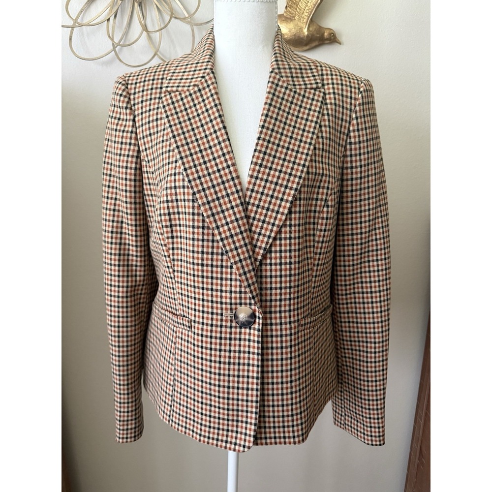 Kasper Blazer Womens 10 Plaid One Button Career Jacket Brown Tan Checkered